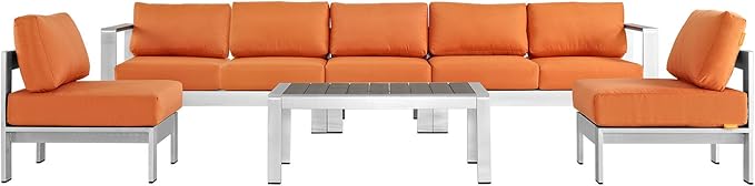 Modway Shore 6-Piece Aluminum Outdoor Patio Sectional Sofa Set in Silver Orange