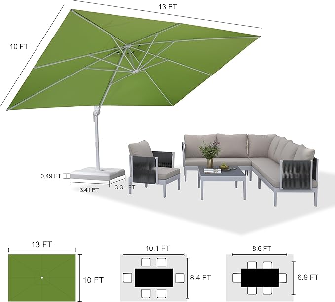 PURPLE LEAF 10' × 13' Patio Umbrella With Base White Cantilever Umbrella Square Outdoor Offset Umbrella Windproof with 360° Rotation for Garden Deck Pool, Macaw Green