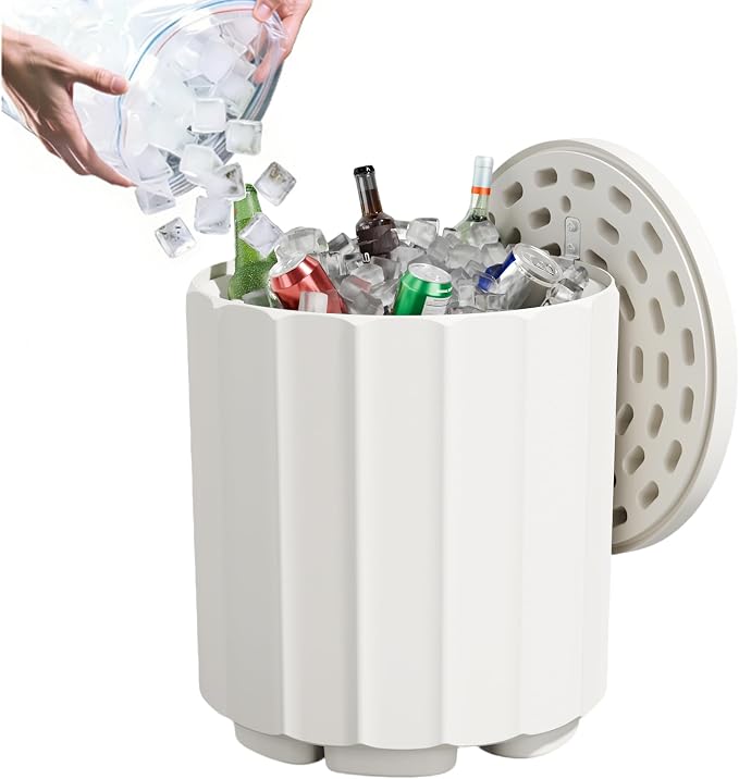 Outdoor Cooler Side Table, 2 in 1 Ice Chest Cooler Table All Weather Resistant | Dense Fluted Cooler Side Table with Hangable Lid for Patio Decor, Deck, BBQ, Beach | White