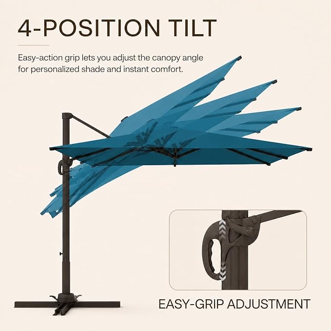 Kingdura 10' X 10' Cantilever Patio Umbrella with Base Included, Large Square Aluminum Outdoor Offset Umbrella with 360-degree Rotation, 4 Position Tilt, UV Protection for Pool Deck Garden Patio (Lake blue)