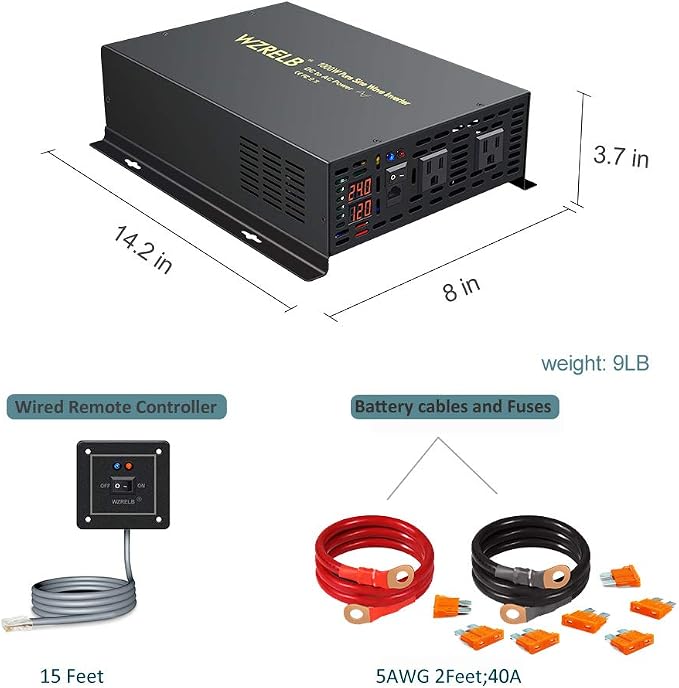 WZRELB 1000W 24VDC 120VAC Pure Sine Wave Power Inverter with 2 AC Outlets Wired Remote Control Car Inverter (RBP-100024WR)