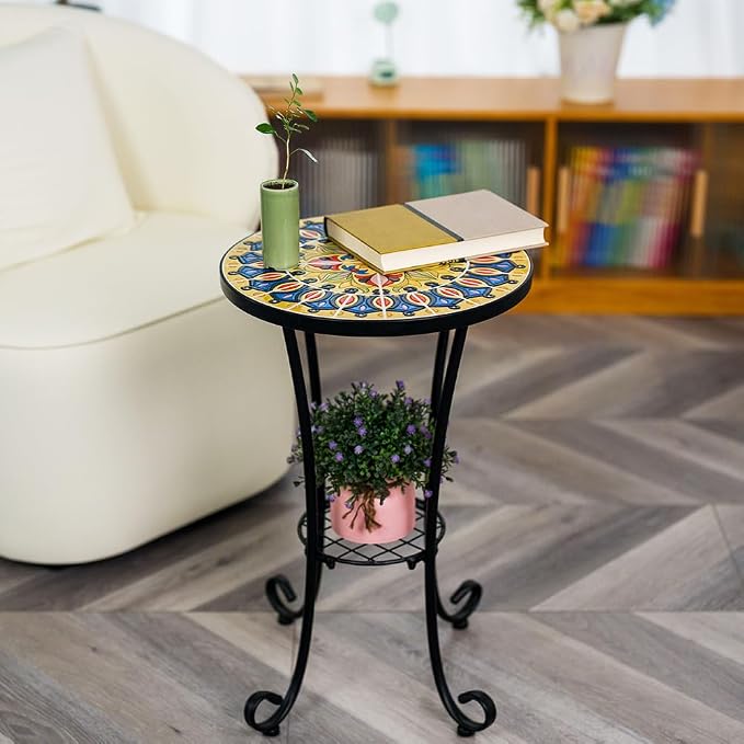 14 Inch Mosaic Patio Side Table with Scroll Legs, Indoor Outdoor Accent Round End Table with Ceramic Tile Tops for Yard, Garden, Living Room, Bistro, B - Grand Mandala