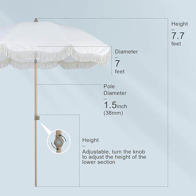 Tempera 7ft Boho Beach & Patio Umbrella with Fringe, Market Umbrellas with UPF 50+ UV & Water-Resistant Canopy, 1.5" Wood Pole & Button Tilt.