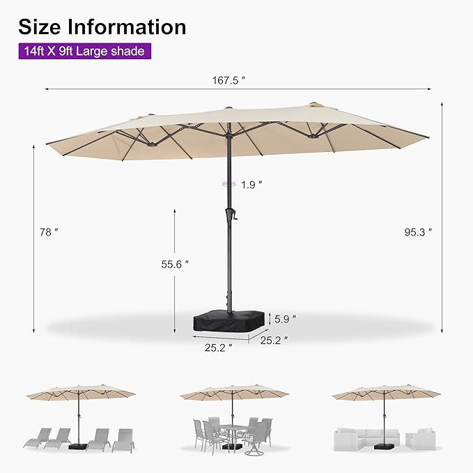 PURPLE LEAF 14ft Patio Umbrella Outdoor Double-Sided Umbrella with Base and Crank Rectangle Market Table Umbrella for Pool Deck Garden, Khaki