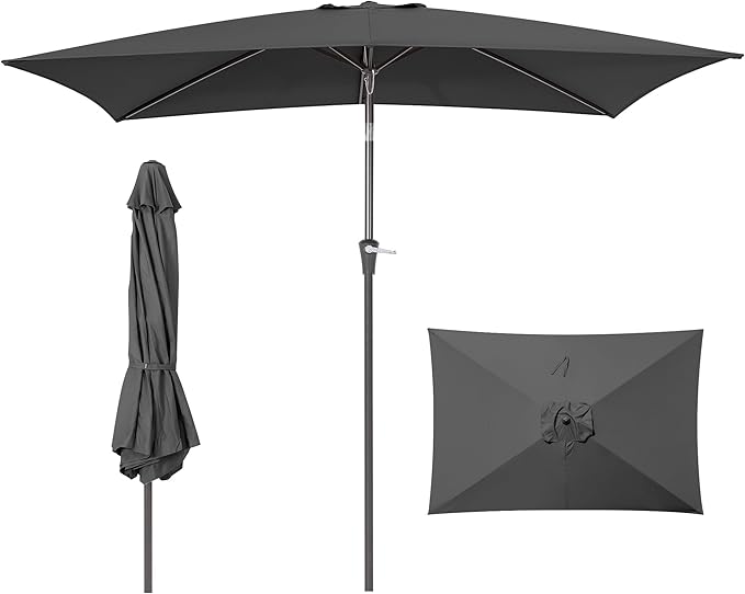 HASLE OUTFITTERS Rectangular Patio Umbrella, 6.5 x 10 ft Rectangle Table Umbrellas w/Heavy Duty Ribs, Effortless Crank and Push Button Tilt, Wind Resistant Sun Umbrella for Outdoor Patio, Gray