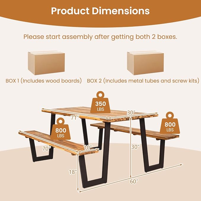 Giantex 71" Picnic Table Bench Set for 6-8, Acacia Wood Outdoor Dining Table Set, 2" Umbrella Hole, Heavy Duty Metal Frame, Footrest Bar, Large Rectangular Tabletop for Porch Patio Lawn Garden