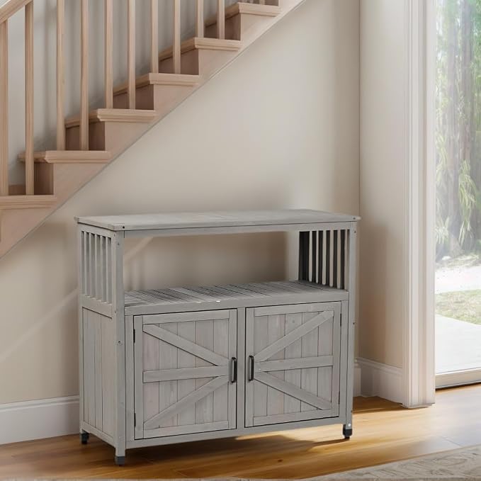 Outdoor Storage Cabinet, Patio Cabinet, Solid Wood Outdoor Console Table, Grey Slatted Buffet Cabinet Sideboard for Patio, Deck, Backyard, 220 Lb Capacity