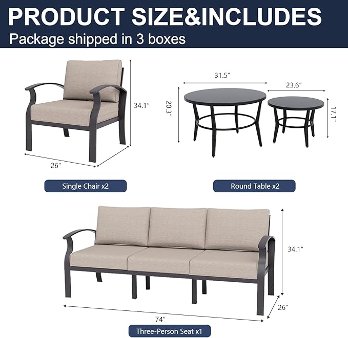 Kurapika Aluminum Patio Furniture Set 5-Seat Modern Metal Outdoor Conversation Sets w/5.1 Inch Cushion Patio Sectional Sofa with 2 Round Coffee Tables, Sand