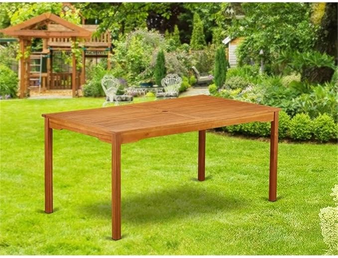 Pemberly Row Rectangular Acacia Wood Patio Dining Table, Natural Oil Finish, 59 x 35.4 x 31 in, Durable Kiln-Dried Design, Umbrella Hole, Rustic Outdoor Table for Patio, Deck, Backyard Spaces