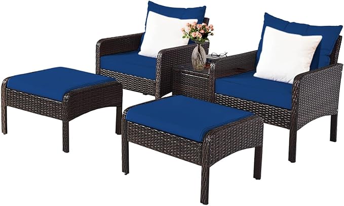 Tangkula 5 Pieces Wicker Patio Furniture Set, All Weather PE Rattan Outdoor Cushioned Sofas and Ottoman Set, 2-Person Outside Conversation Set for Lawn, Poolside, Yard, Balcony, Deck, Navy