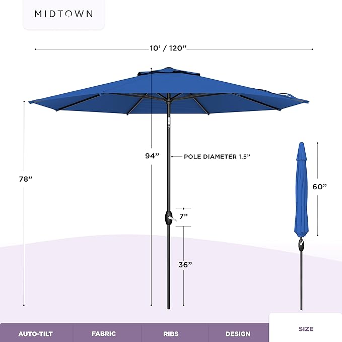 Midtown Umbrellas - The Lean 10 Ft Patio Umbrella with Fade-Resistant Sunbrella Fabric, Auto-Tilt Aluminum Frame and 8 Reinforced Ribs for Deck, Pool & Garden - Dark Blue Canopy, Black Pole