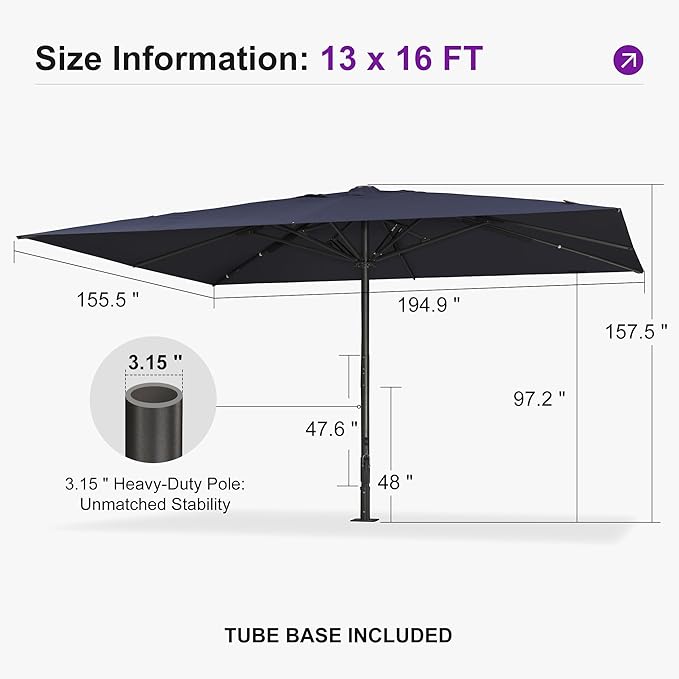 PURPLE LEAF 16' x 13' Rectangular Semi-Auto Outdoor Patio Umbrella Aluminium Market Umbrella Table Sun Umbrella with 3.15" Rod and 8 Sturdy Ribs for Deck Lawn Pool Garden, Navy Blue