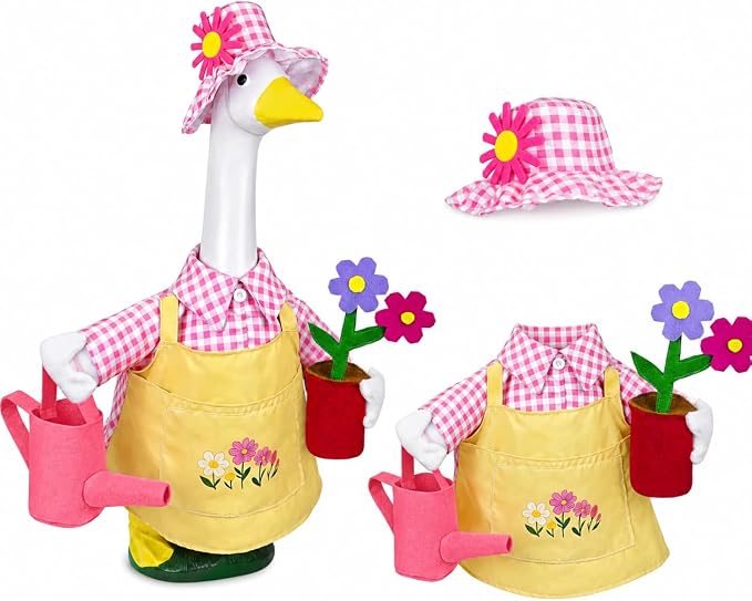 23 Inch Spring Gardener Porch Goose Outfit, Lawn Goose Costume with Floral Hat, Watering Can & Potted Flower Prop, Fits Plastic Goose Statue, Outdoor Yard Lawn Decor