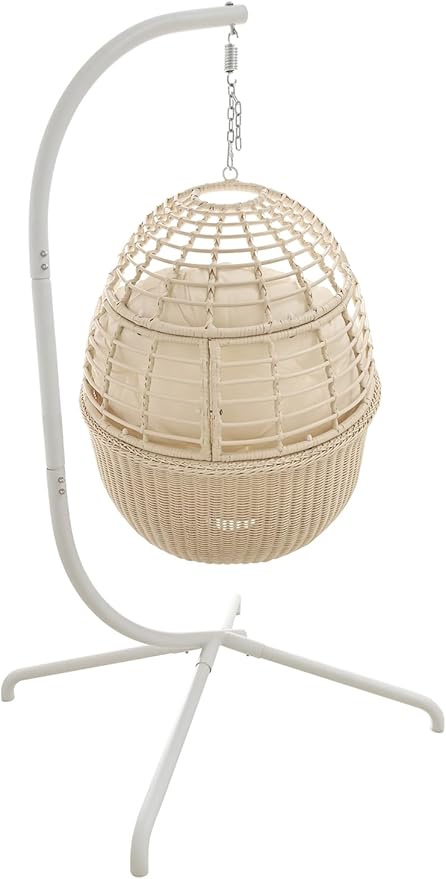 Hanging Egg Chair Swing Chair with Stand Wicker Rattan Chair for Indoor Outdoor Patio Bedroom Hammock Chair with Steel Frame and Cushion (Color: Beige)