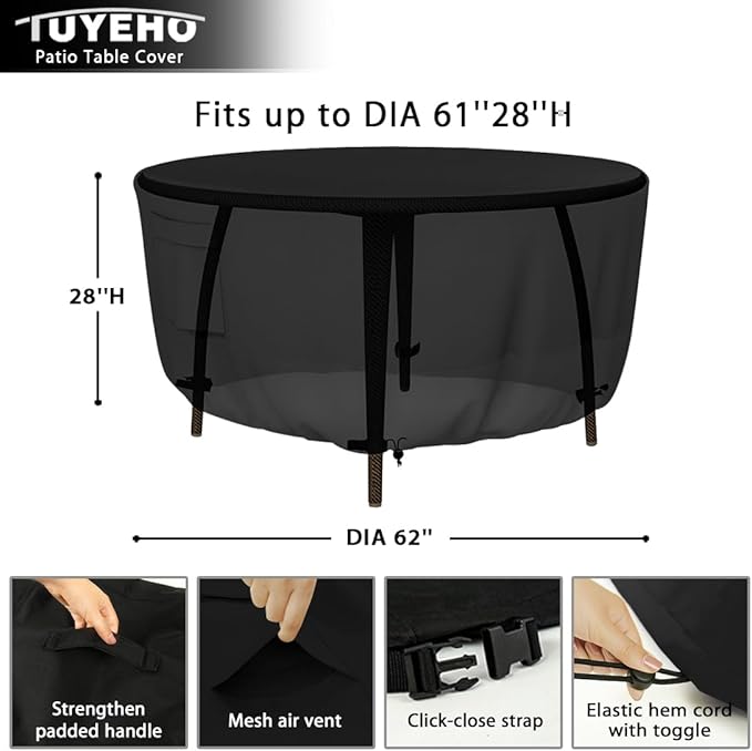 Tuyeho Round Patio Furniture Cover, Durable Oxford Fabric for Outdoor Round Table, Waterproof, UV & Rip Resistant Patio Table and Chairs Set Cover, 62"DIA x 28"H Black