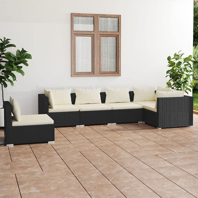 6 Piece Patio Lounge Set with Cushion, Outdoor Patio Sectional Furniture Conversation Sets Piece Patio Set Patio Lounge Set s Poly Rattan Black