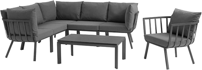 Modway Riverside 7 Piece Outdoor Patio Aluminum Set, 85.5 x 114 x 28, Gray Charcoal
