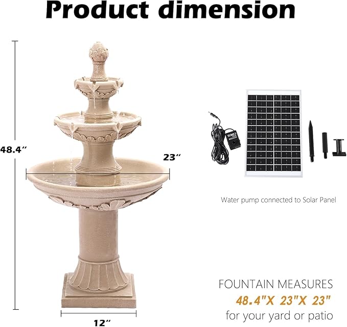 48"H Outdoor Italian Solar Water Fountain, 3-Tier Water Floor Solar Waterfall Fountain Decor with Pump and Solar Panel, Decorative Leaf Carving, Cascading Stone Look Garden Resin Fountains