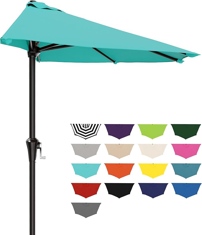 AreShark 9FT Half Patio Umbrella, Outdoor Wall Umbrella with Crank & 5 Sturdy Ribs,Table 1/2 Umbrella Patio for Garden, Deck, Balcony and Pool, Teal Blue