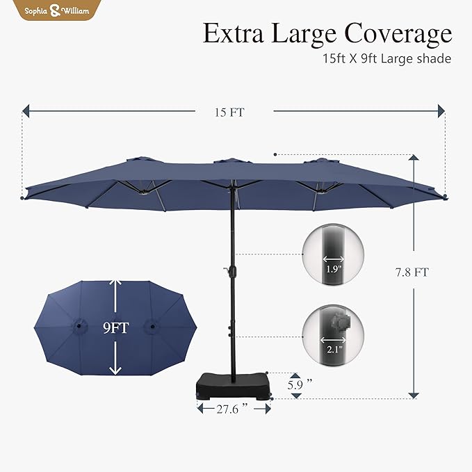 Sophia & William 15 ft Extra Large Patio Umbrella with Base Included, Rectangular Outdoor Umbrella Heavy Duty, Market Umbrella Double-sided Fade Resistant for Pool Garden Backyard, Navy Blue