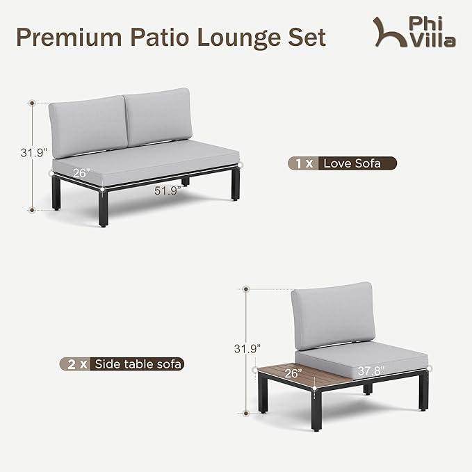 PHI VILLA Outdoor Sectional Furniture Set,3 Pieces Metal Patio Sectional Outdoor Couch Set,Modern Patio Conversation Sets with Coffee Table,Thickened Cushion,for Poolside and Backyard,Light Grey