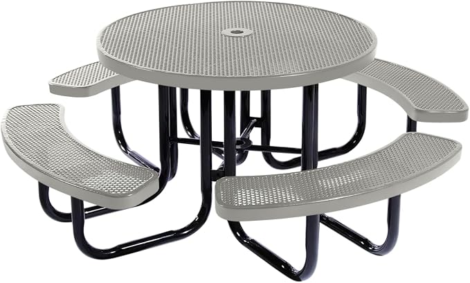 COATEDOUTDOORFURNITURE Heavy-Duty Portable Outdoor Picnic Table with Umbrella Hole, Punched Steel Commercial-Grade Patio Dining Furniture Made in America (46" Round Top, Grey)