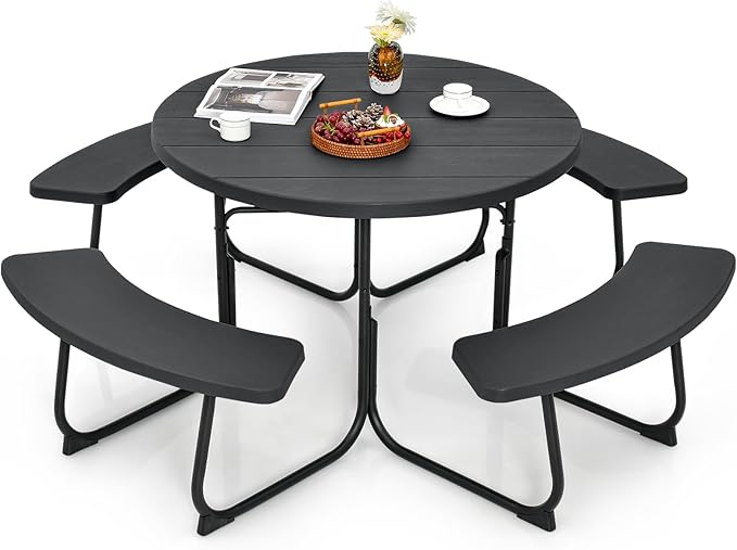 Tangkula 8 Person Picnic Table, Outdoor Round Picnic Table with 4 Built-in Benches, Umbrella Hole, Metal Frame & HDPE Tabletop, Outside Table and Bench Set for Backyard, 2300lbs Weight Capacity