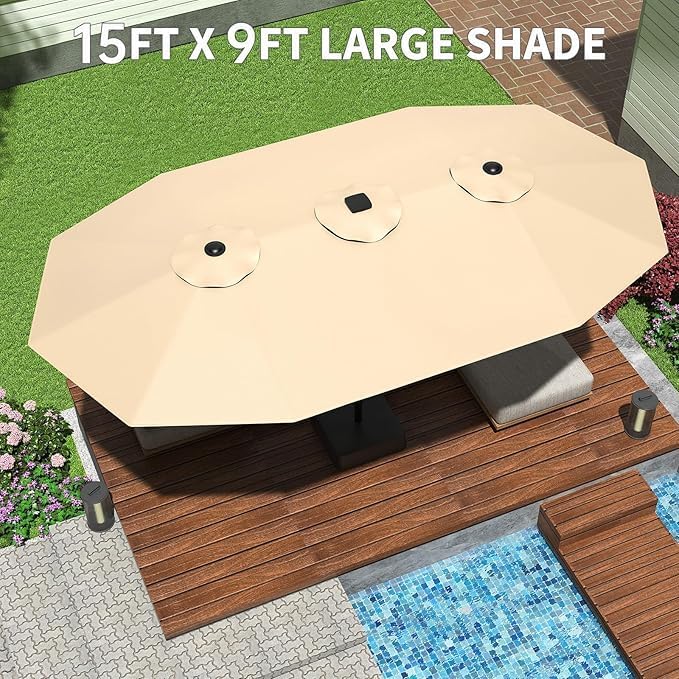 TrailBlaze 15ft Large Patio Umbrella with Base, Outdoor Rectangle Umbrella Double-Sided Market Umbrella with Crank Handle UV Protection Table Umbrellas for Backyard, Deck, Poolside and Garden