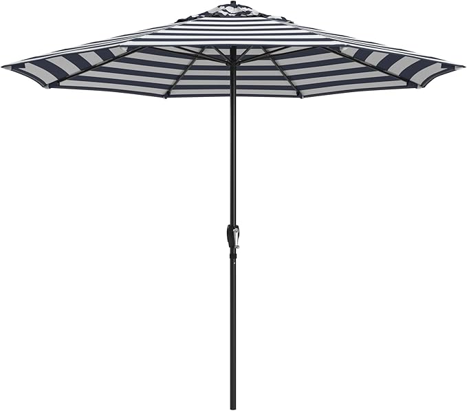 California Umbrella 8-Year Protection 9 Ft Outdoor Patio Umbrella, Solstice Fade-Resistant Fabric, Auto-Tilt, Heavy Duty Aluminum Frame, 8 Reinforced Ribs for Pool or Deck, Black Pole, Navy White Cabana Stripe