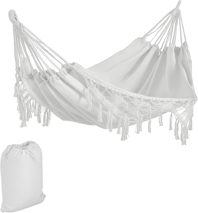 Boho Hammock Bed, Extra Large White Tree Hammock Hanging Bed with Macrame Tassel Fringe and Carrying Bag for Indoor Outdoor Backyard Patio Garden Relaxation