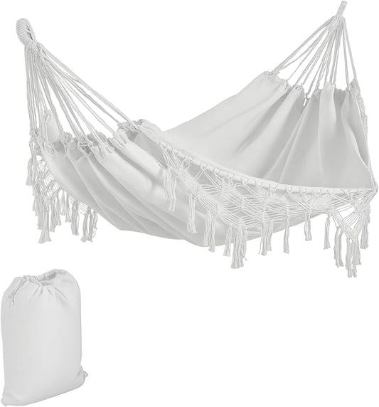 Boho Hammock Bed, Extra Large White Tree Hammock Hanging Bed with Macrame Tassel Fringe and Carrying Bag for Indoor Outdoor Backyard Patio Garden Relaxation