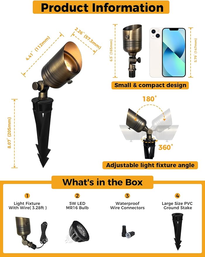 COLOER Brass Outdoor Spotlights, 12V LED Low Voltage Landscape Lighting with 5W 2700K Aluminum MR16 Bulb, IP65 Waterproof Landscape Spot Lights for Yard,Garden,Lawn,Tree, Small Size(6)