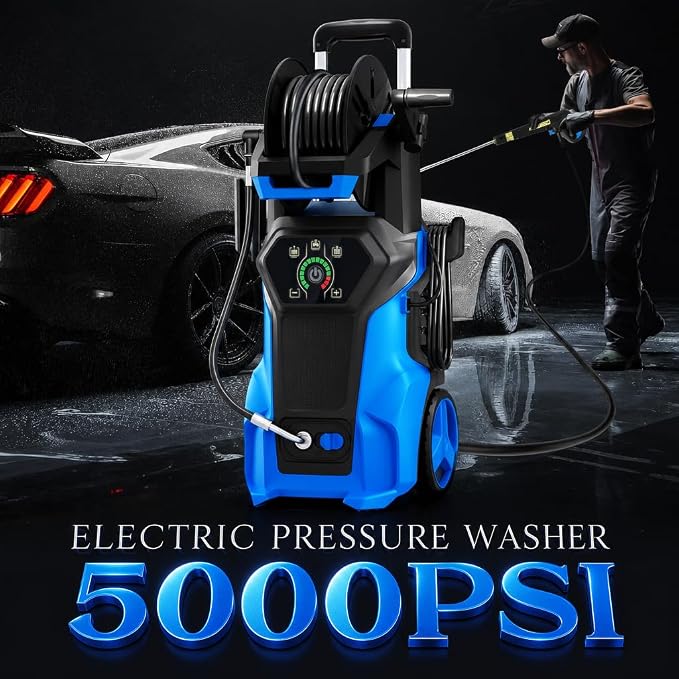 𝟓𝟎𝟎𝟎𝐏𝐒𝐈 𝐏𝐫𝐞𝐬𝐬𝐮𝐫𝐞 𝐖𝐚𝐬𝐡𝐞𝐫 Cleaner, Portable Car Washer with 4 Quick Connect Nozzles, Foam Cannon (Blue)