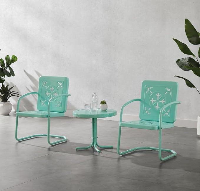 Crosley Furniture Azalea 3-Piece Vintage Outdoor Chair and Side Table Set, Retro Metal Patio Conversation Sets, Aqua Gloss
