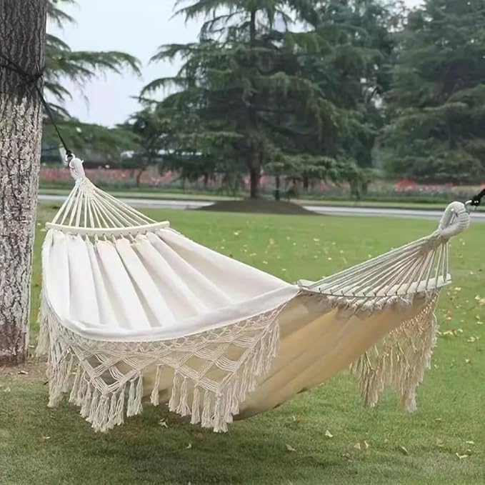 Double Hammock with Tassels, Boho Hammock, 450 lbs Capacity Indoor Outdoor Hanging Bed for Patio, Garden, Camping, Beach, Bedroom