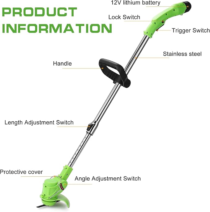 Electric Lawn Mower, 12V Rotary Electric Lawn Mower, Rechargeable Portable Telescopic Garden House Mowing Machine, Lightweight ding Pruning Tools, 2 Batteries