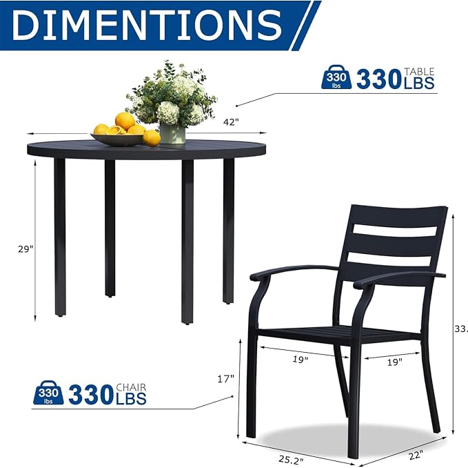9 Pieces Outdoor Dining Set for 8, 60" Black Metal Round Outdoor Dining Table and 8 Black Metal Stackable Patio Chairs with Arm, Patio Table and Chairs Set for Lawn Garden Backyard