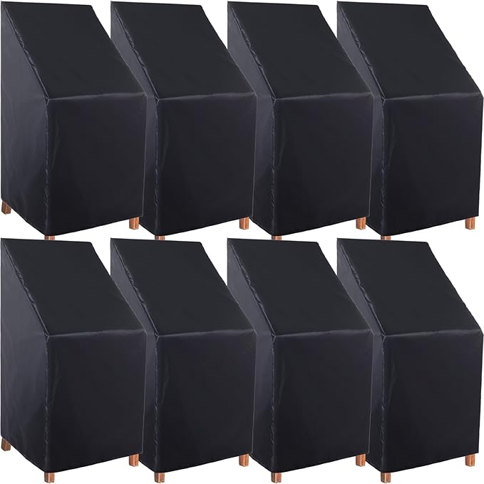 Tudomro 8 Pcs Stacking Outdoor Chair Covers Waterproof Black 210D Outdoor Patio Furniture Covers High Back Patio Chair Protection with Adjustable Hem Cord Weather Protection, 26 W x 26 D x 49 H Inch