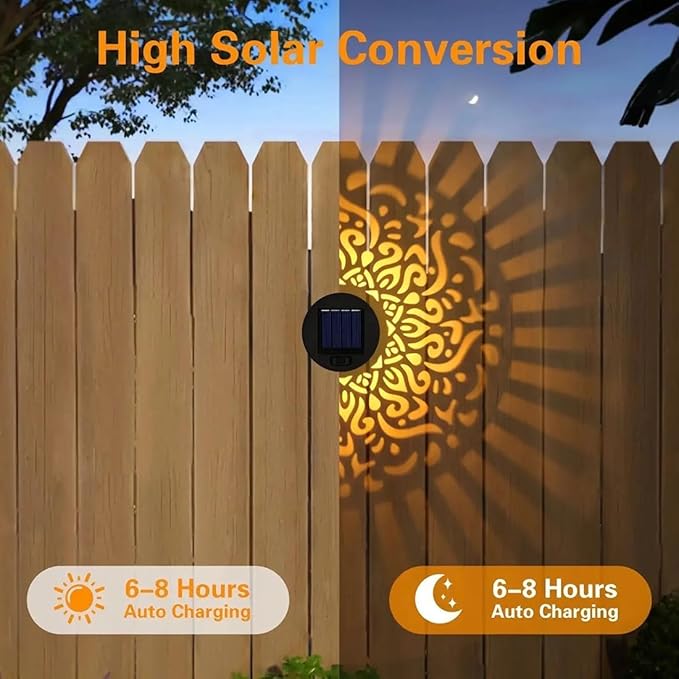 DDRIC Decorative Solar Mandala Lights, Metal Solar Powered Outdoor Wall Sconces, Waterproof Step Lights, Warm Yellow Glow, for Garden Fence Patio Deck Yard Decor (2PCS)