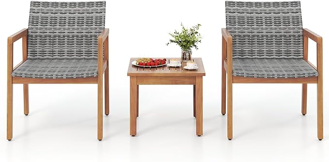 HAPPYGRILL 3 Pieces Patio Furniture Set, PE Rattan Patio Bistro Set with Chairs & Coffee Table, Outdoor Acacia Wood Conversation Set for Garden, Backyard, Poolside & Porch