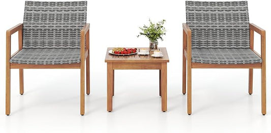 HAPPYGRILL 3 Pieces Patio Furniture Set, PE Rattan Patio Bistro Set with Chairs & Coffee Table, Outdoor Acacia Wood Conversation Set for Garden, Backyard, Poolside & Porch