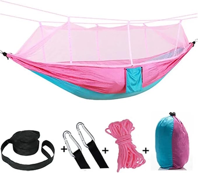 Hammock Camping Hammock with Net, Lightweight Portable Double Parachute Hammocks, High Capacity & Tear Resistance for Backyard,Hiking Camping Essentials (Color : Pink and Blue)