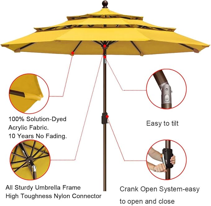 EliteShade USA 10-Year-Non-Fading 9ft 3-Tier Market Patio Umbrella, Commercial Grade Outdoor Table Umbrella with Crank Open, Windproof & UPF 50+ UV Protection, Heavy Duty Ventilation for Garden, Deck, Pool, Backyard, Beach & Bistro, Sunflower Yellow
