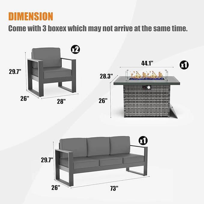 4 Piece Modern Aluminum Patio Furniture Set with Fire Pit Table, Outdoor Patio Sectional Conversation Metal Seating Sets with Olefin Cushion