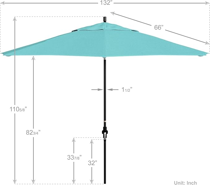 California Umbrella 11Ft Premium Sunbrella Patio Umbrella, Hand-Crank, Tilt-Collar, Black Frame, Aruba Fabric