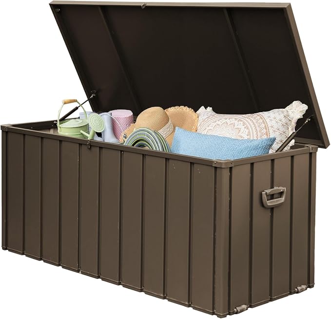 200 Gallon Metal Deck Box, Outdoor Storage Box Waterproof with Wheels, Lockable Storage Container for Patio Furniture Cushions Garden Tools, Dark Brown