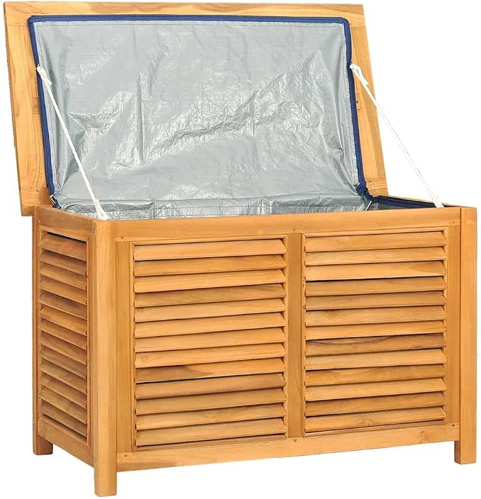 Garden Storage Box Warm teak Solid teak wood, PE,Rustic Garden Storage Box with Large Capacity and Ventilated Design – for Outdoor Use Storage Boxes