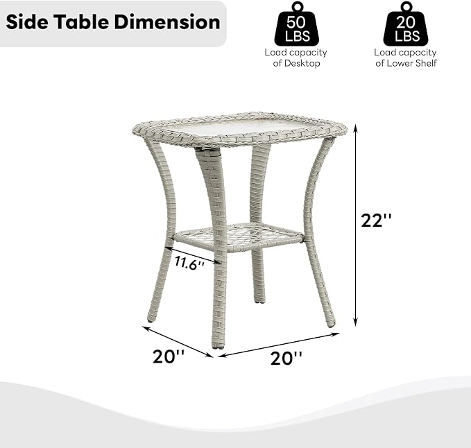 Belord Small Outdoor Side Table Tempered Glass Wicker Table - Waterproof Patio Coffee Table Rattan End Table with Storage, Light Gray 20x20x22 inch
