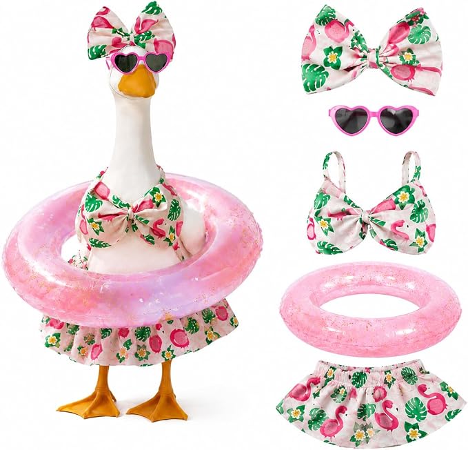 Flamingo Tropical Lawn Goose Outfit Set, Floral Bikini Costume with Gradient Glitter Swim Ring Heart Sunglasses Bow Headband, 23 Inch Porch Goose costume, Summer Outdoor Garden Yard Decor
