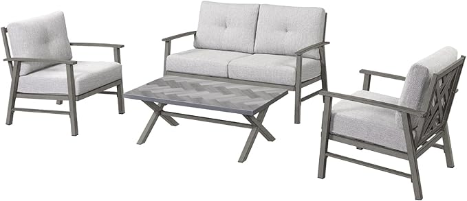 Aluminum Outdoor Patio Furniture Set, 4 Piece Patio Conversation Sets with Washable Thick Cushions, Weather-Resistant Outdoor Sectional Sofa Couch Sets for Poolside, Backyard, Limed Oak